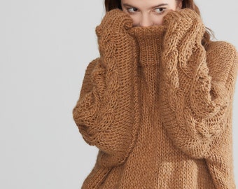 Hand knit oversize woman pullover sweater slouchy wool camel turtleneck sweater