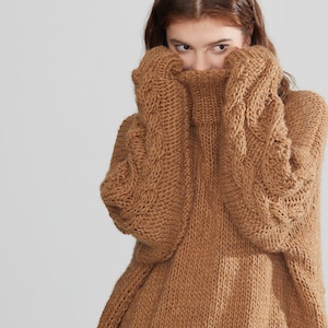 Hand Knit Oversize Woman Pullover Sweater Slouchy Wool Camel Turtleneck Sweater Etsy
