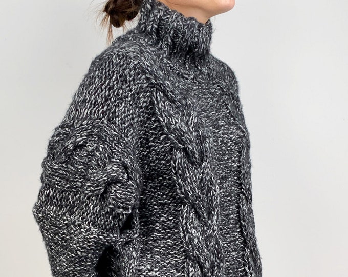 Hand knit oversize woman pullover sweater slouchy wool black white blend mohair high collar cable knit sweater