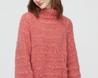 Hand knit woman sweater mohair pullover Coral sweater top