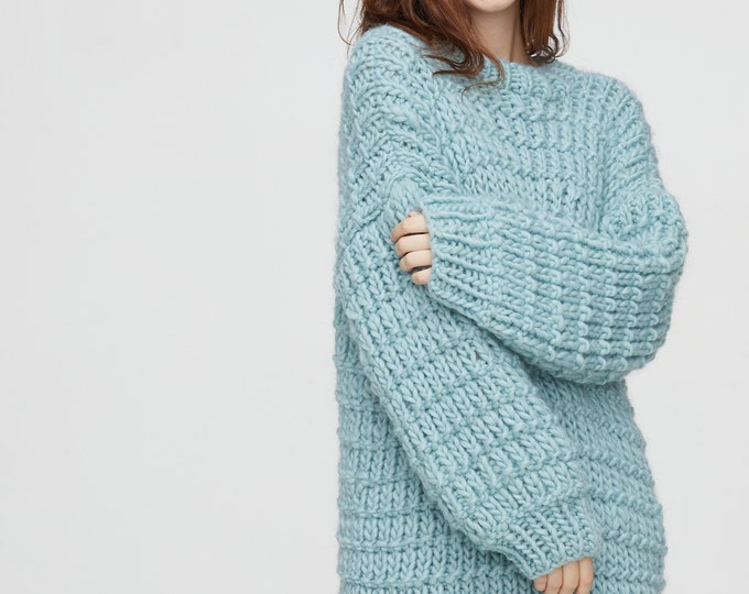 Hand knit woman long sweater OVERSIZED pure chunky wool yarn dress sweater top pullover AQUA