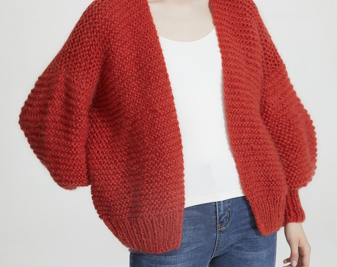 Hand knit oversize woman sweater chunky slouchy Mohair wool short cardigan Burnt Sienna