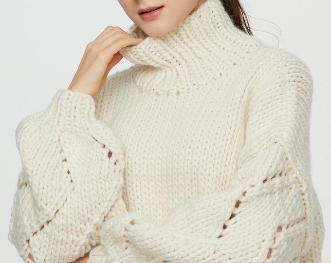 Hand knit oversize woman pullover sweater slouchy wool turtleneck sweater white cream
