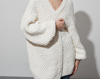 Hand knit oversize woman eco cotton sweater chunky slouchy white long cardigan