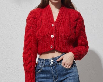 Hand knit woman sweater Mohair cable knit short cropped cardigan button front cardigan Red
