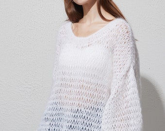 Hand knit woman long sweater OVERSIZED mohair dress sweater loose knit top pullover white