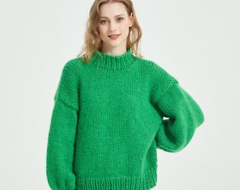 Hand knit woman sweater mohair sweater top pullover crewneck sweater