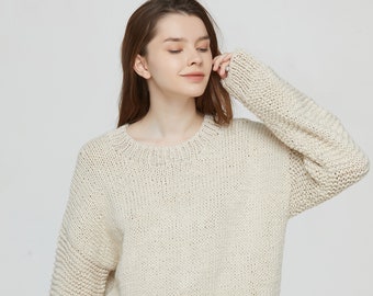 Hand knit sweater woman pullover cotton oversize crewneck Beige sweater top