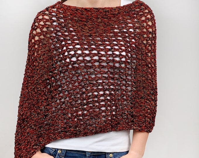Hand knit woman sweater Little cotton poncho knit scarf knit red shrug