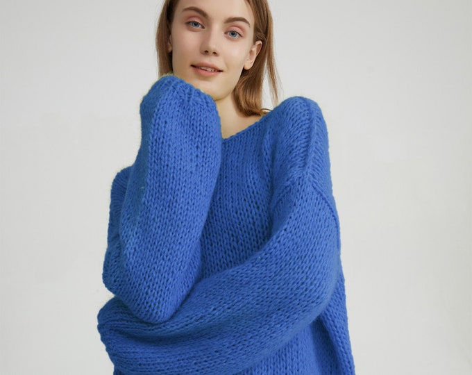 Hand knit woman sweater mohair loose knit sweater top pullover blue