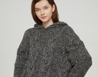 Hand Knit Oversize Wool Hoodie: Cable Knit Slouchy Sweater