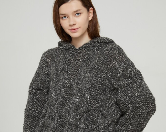 Hand knit oversize woman pullover hoodie sweater slouchy wool black white cable knit sweater