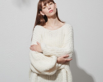 Hand knit woman sweater OVERSIZED mohair sweater top boatneck pullover White Cream dress sweater