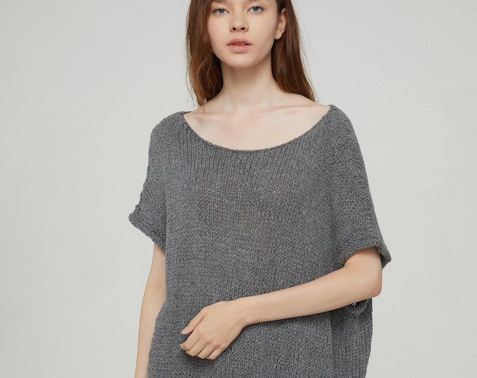 Hand Knit oversize sweater Long wool Drop shoulder sweater asymmetrical GREY pullover