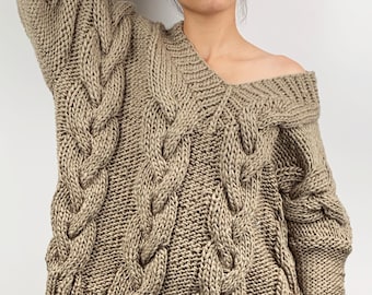 Hand knit sweater wool oversize woman pullover sweater V-neck slouchy khaki cable knit sweater