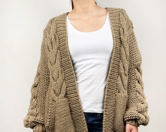 Hand knit oversize woman sweater chunky slouchy dark Khaki wool cable knit cardigan