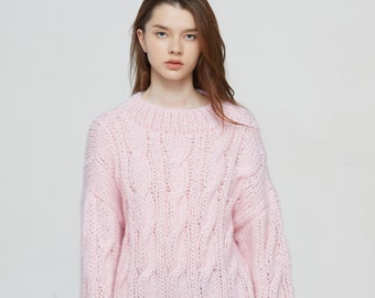 Hand stricken Oversize Frau langen Pullover Crewneck slouchy Mohair Pullover Kabel stricken Pink