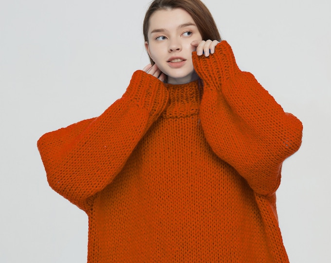Hand knit woman long sweater OVERSIZED mohair dress sweater top Hight collar pullover Peacock blue