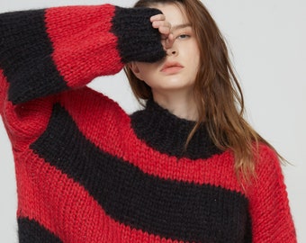 Hand knit woman long sweater OVERSIZED mohair stripped dress sweater top pullover black red