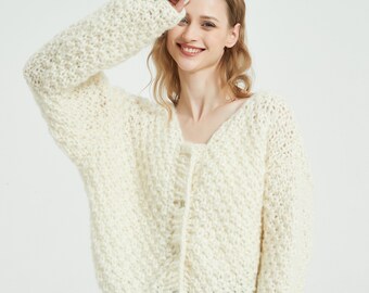 Hand knit woman sweater mohair Light weight short cardigan sweater top White Cream