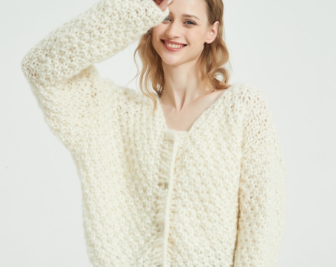 Hand knit woman sweater mohair Light weight short cardigan sweater top White Cream