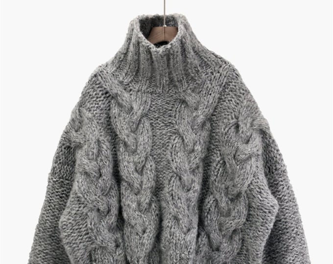 Hand knit oversize woman pullover sweater slouchy grey blend wool mohair high collar cable knit sweater