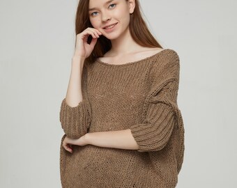 OVERSIZED Hand knit Woman sweater/ Knit sweater kimono sleeve mocha pullover wool sweater Mocha