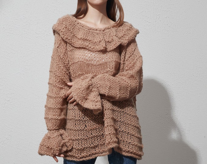 Hand knit woman sweater mohair pullover sweater top ruffled sleeves