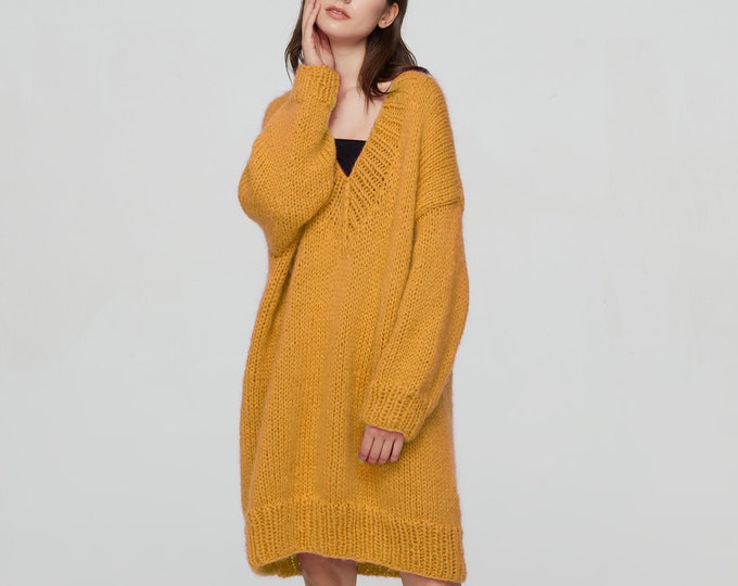 Hand knit woman sweater OVERSIZED mohair dress sweater top Deep V-neck pullover Gold