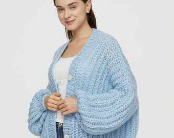 Hand knit oversize woman sweater Mohair sweater button front cardigan light blue