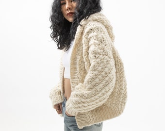 Hand knit oversize woman Hoodie sweater chunky slouchy Cream wool cable knit cardigan