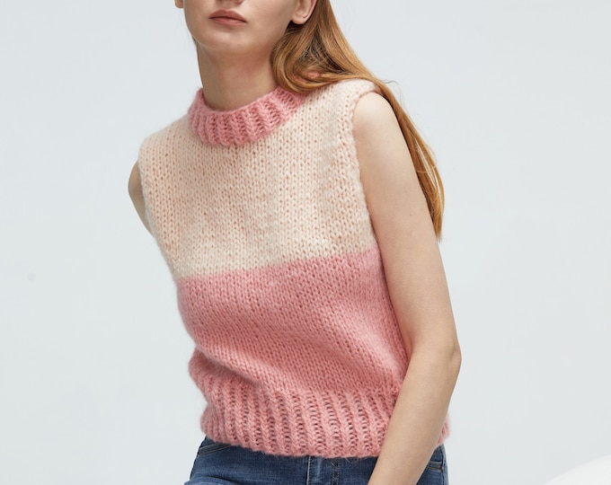 Hand knit woman mohair tunic sweater Tank knit Pink pullover Top