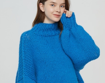 Hand knit woman long sweater OVERSIZED mohair dress sweater top Hight collar pullover