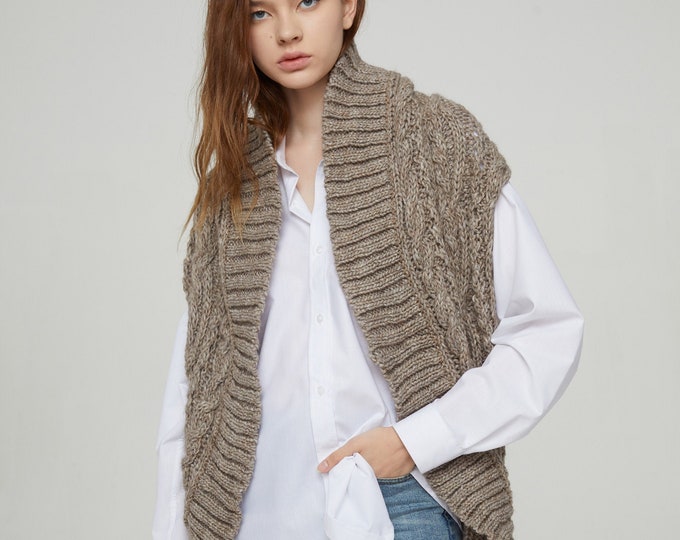 Hand knit long vest woman sweater Wool long cardigan