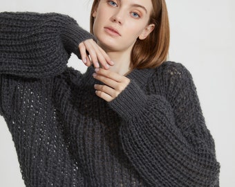 Hand knit woman long sweater OVERSIZED mohair sweater top pullover charcoal