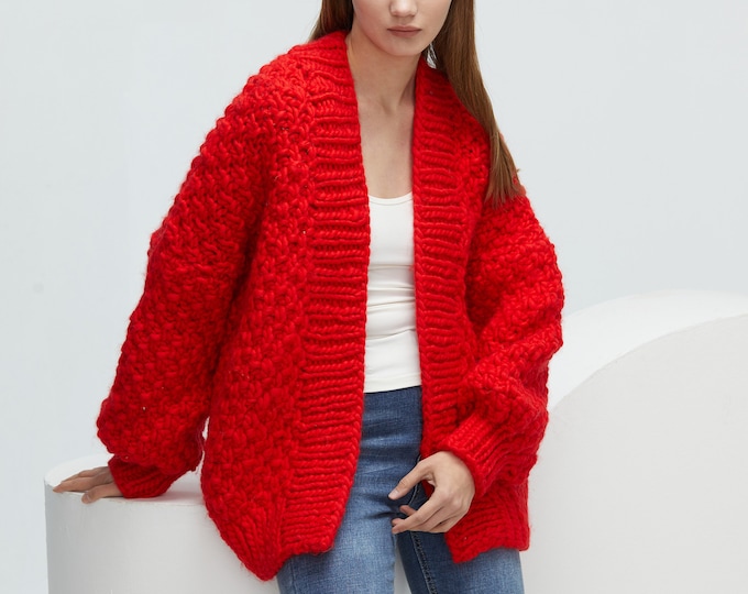 Hand knit oversize woman sweater chunky slouchy Red wool cardigan
