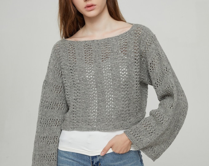 Hand knit sweater Little cover up top cropped sweater grey pullover sweater