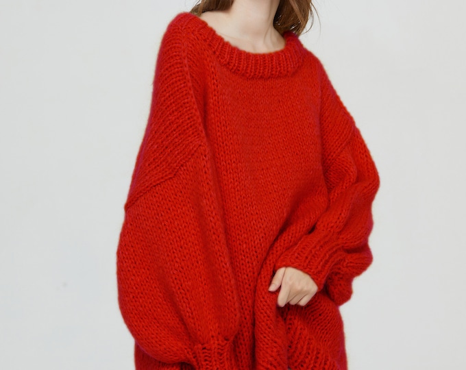 Hand knit woman long sweater OVERSIZED mohair dress sweater top pullover Boat neckline Red