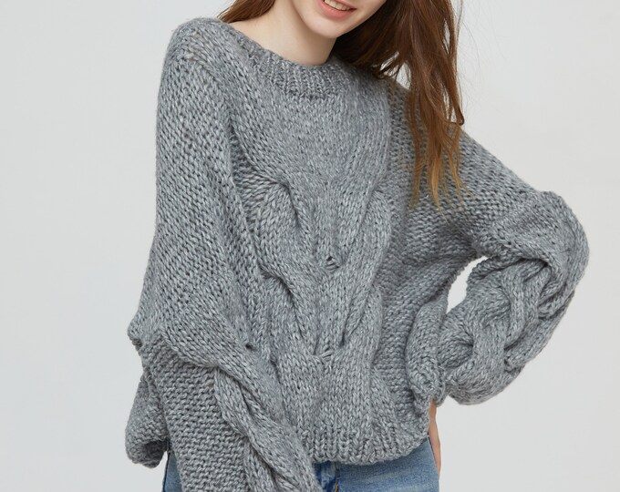Hand knit oversize woman sweater crewneck slouchy mohair pullover cable knit grey sweater