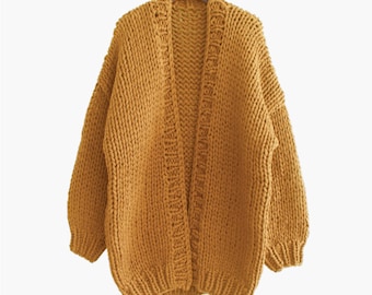 Hand knit oversize woman sweater chunky slouchy mustard wool cardigan