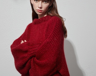 Hand knit woman long sweater OVERSIZED mohair dress sweater top pullover Boat neckline Deep red