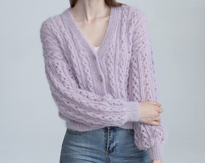 Hand knit woman sweater Mohair cable knit short cropped cardigan button front cardigan Misty Lilac