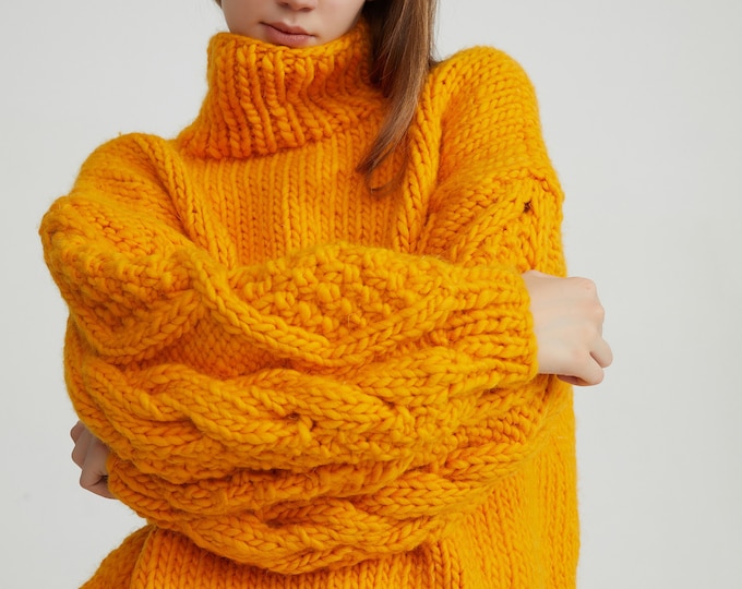 Hand knit oversize woman pullover sweater slouchy wool turtleneck sweater pumpkin