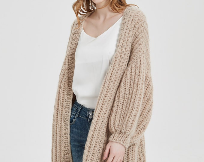 Hand knit woman long sweater mohair long cardigan sweater