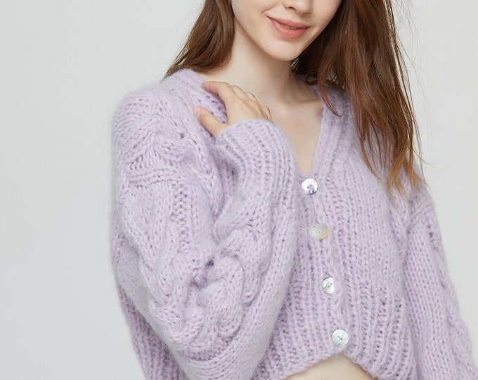 Hand knit woman sweater Mohair cable knit short cropped cardigan button front cardigan Misty Lilac