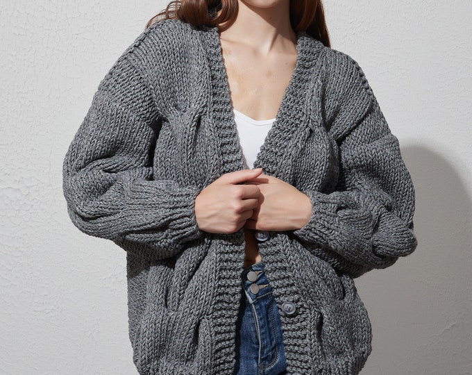 Hand knit oversize woman cotton sweater chunky slouchy charcoal cable knit short button front cardigan