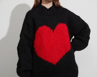 Hand knit sweater wool oversize woman pullover sweater Crewneck slouchy heart pattern