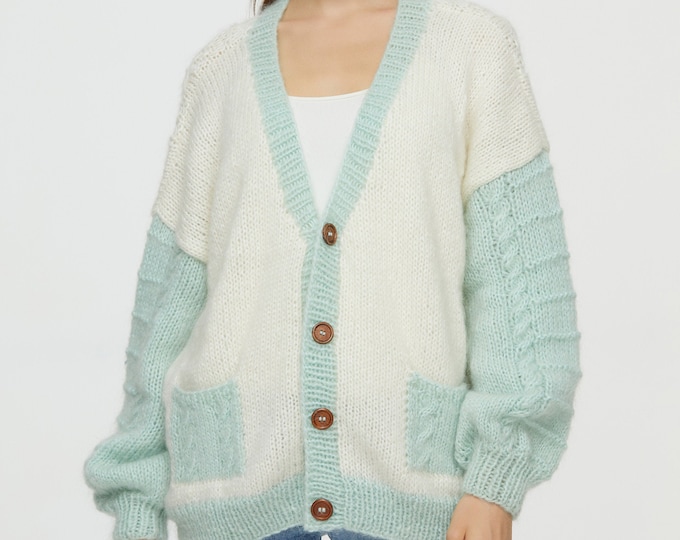 Hand knit oversize woman sweater Mohair sweater button front cardigan