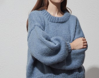 Hand knit woman sweater mohair Light weight short pullover sweater puff sleeve sweater top foggy blue