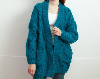 Hand knit oversize woman sweater Mohair  Long Cardigan Peacock